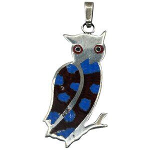 Vintage 925 Sterling Silver Enameled Owl Necklace Pendant